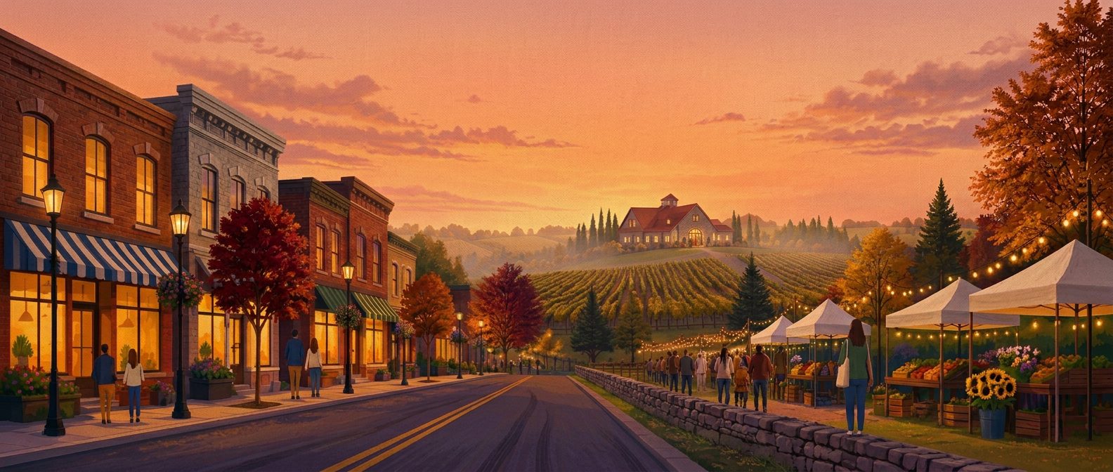 An illustrated Loudoun scene at dusk with farmland, a town main street, a market tent and families walking