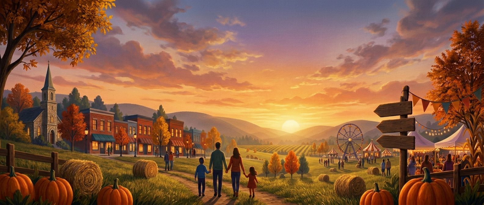 An illustrated dusk scene across Loudoun with pumpkins, hay bales, a small-town street and a festival signpost