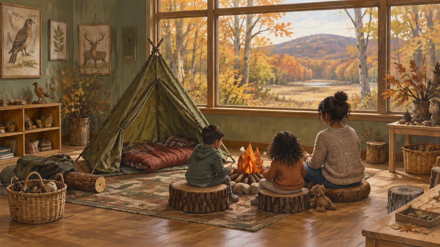 Illustrated scene for Little Explorers Camping Play Lab
